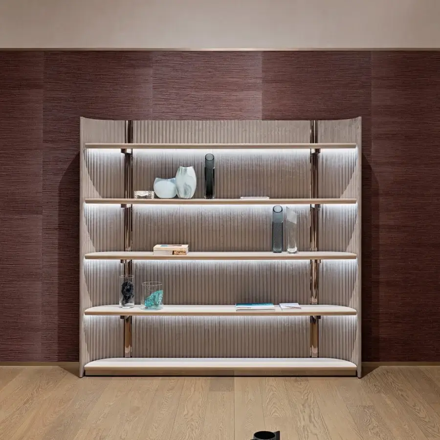 Exclusive Visionnaire Leonardo bookcase with dark brown ‘canneté’ stripes, silvery metal framing and illuminated shelves