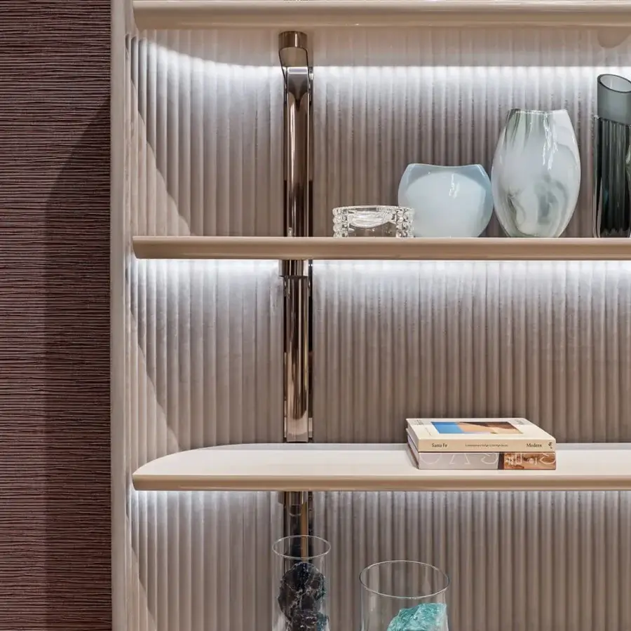 Distinguished Visionnaire Leonardo bookcase with beige-brown ‘canneté’ stripes, crafted in metal and shaped MDF with recessed lighting