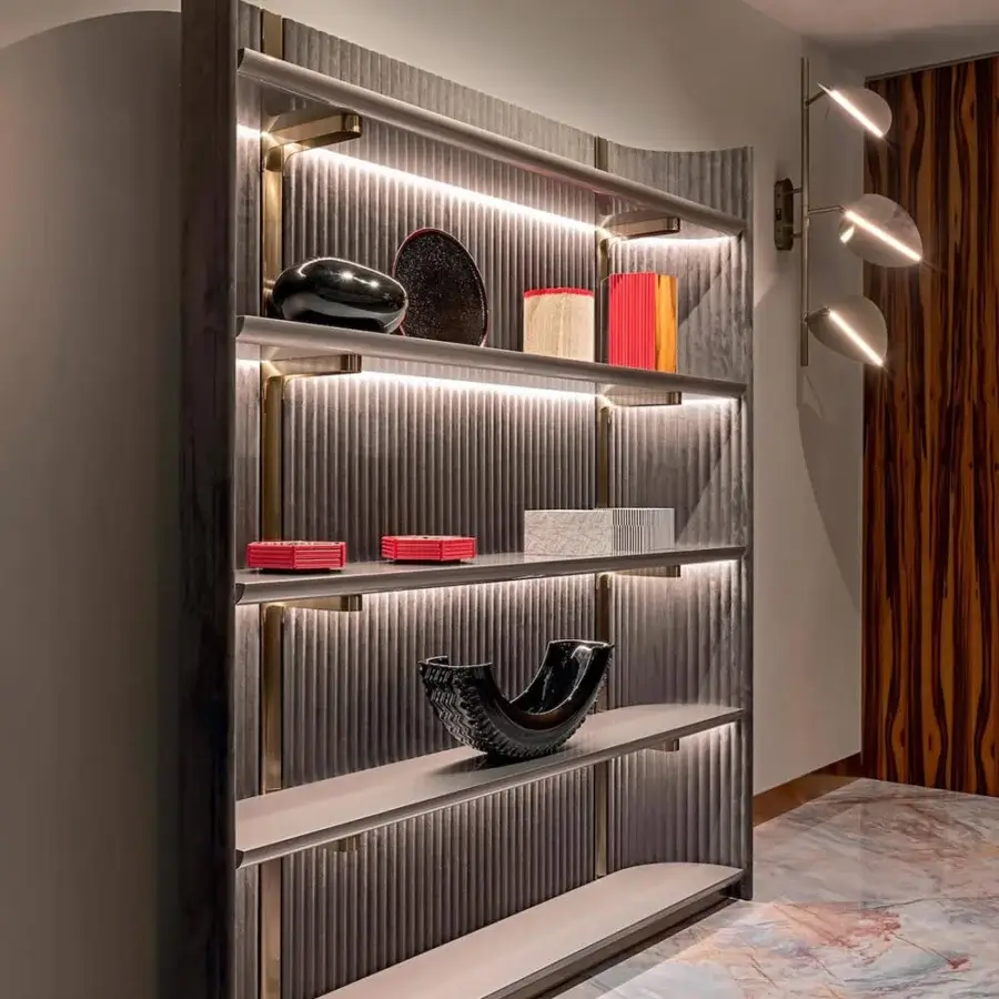 Exceptional Visionnaire Leonardo bookcase with muted gray finish, shaped MDF, metal and ‘canneté’ stripes detailing