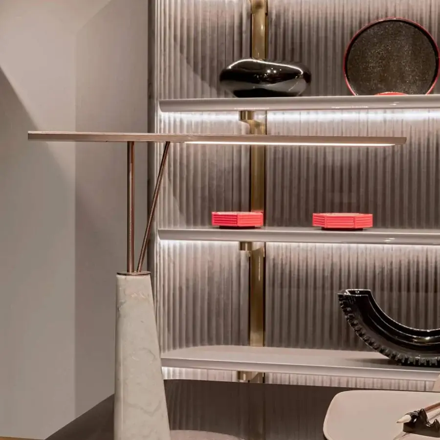 Superior Visionnaire Leonardo bookcase with neutral gray ‘canneté’ stripes, crafted in metal and shaped MDF with integrated lighting