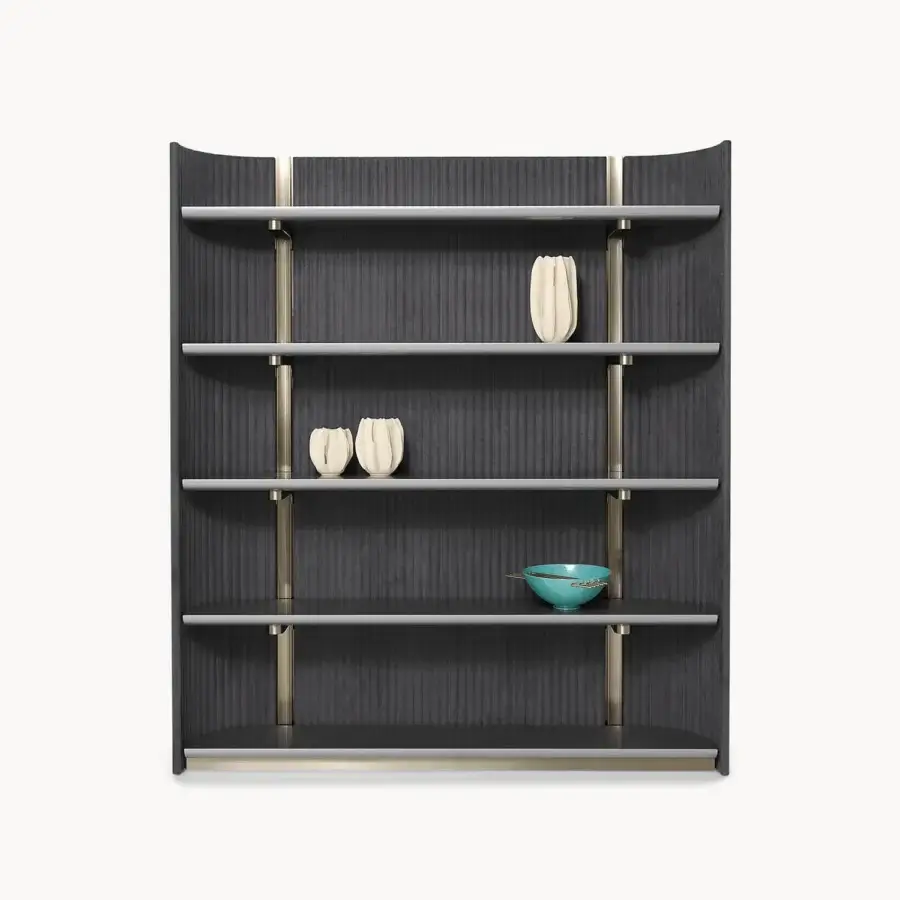 Distinguished Visionnaire Leonardo bookcase with shaped MDF, premium leather or fabric, and deep gray ‘canneté’ stripe detail