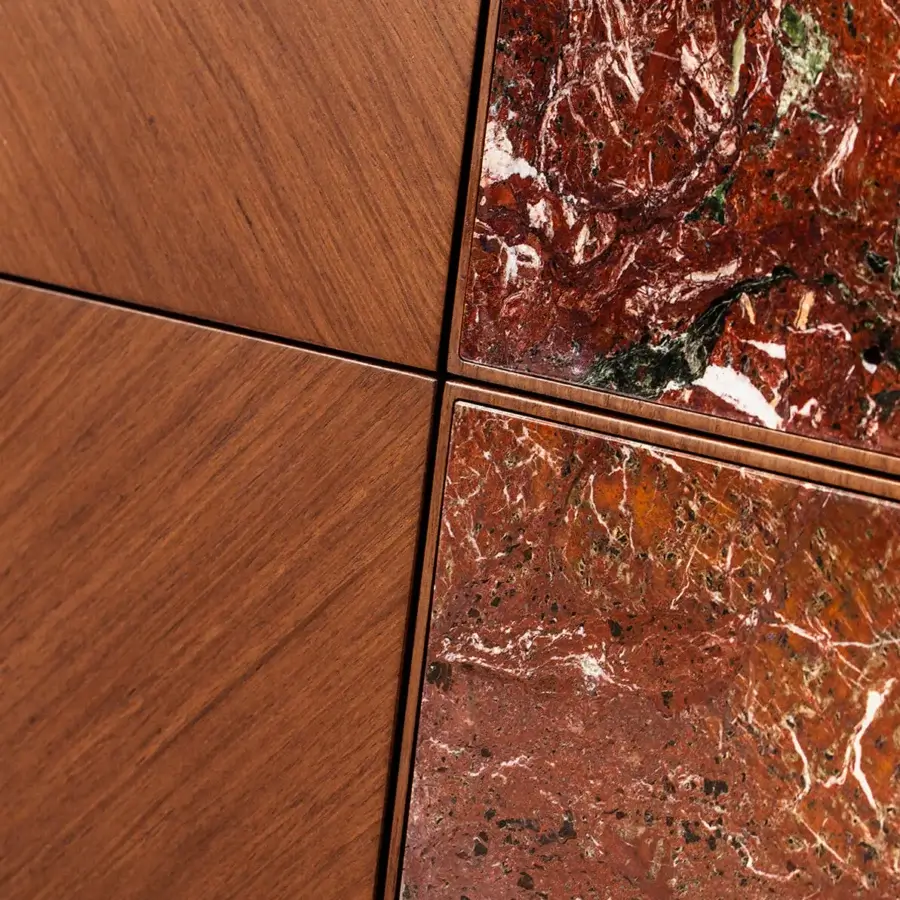 Distinguished Carpanese Home Alma H cupboard built in medium-brown wood with reddish-brown marble inlays and satin brass feet