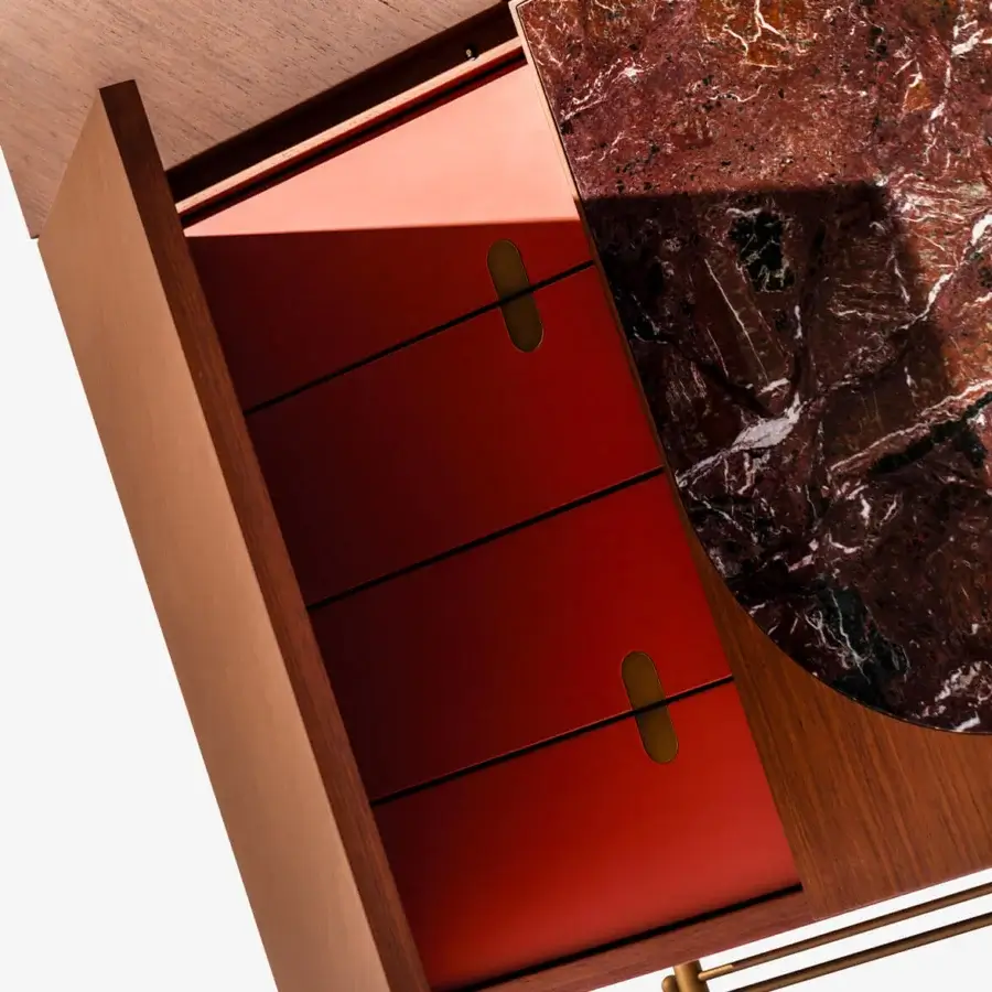Lavish Carpanese Home Alma H cupboard built in satin wood with reddish-brown marble and vibrant red interiors