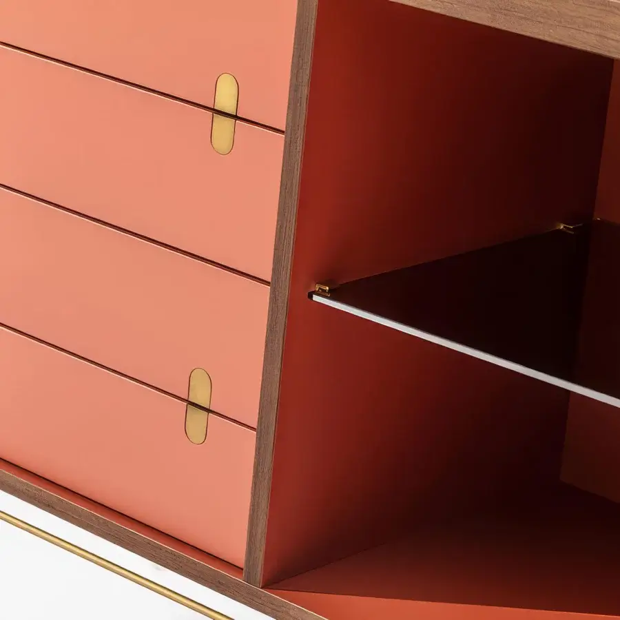 Distinguished Carpanese Home Alma H cupboard crafted in wood with satin finish, terracotta and walnut tones, brass metalwork, and marble inlays