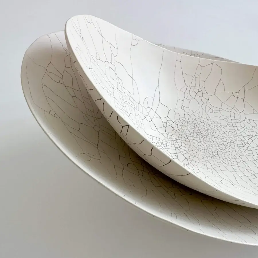 Exceptional Rina Menardi Baccelli Seduti centerpiece in baked clay with a crackle glaze and cream-colored ceramic finish