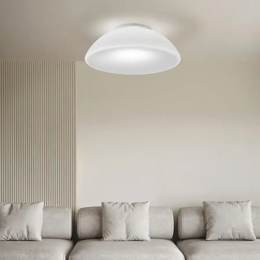 Exceptional Vistosi Infinita ceiling lamp crafted in Murano glass with warm white satin finish and gently curved aesthetic