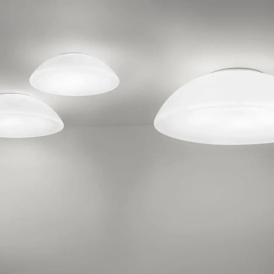 Superior Vistosi Infinita ceiling lamp crafted in Murano glass with smooth matte finish emitting bright white ambient glow