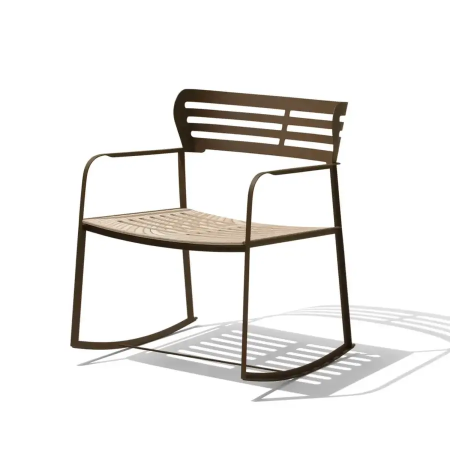 Elegant Giorgetti Gea rocking lounge chair with a geometric carob stainless steel frame and minimalist design