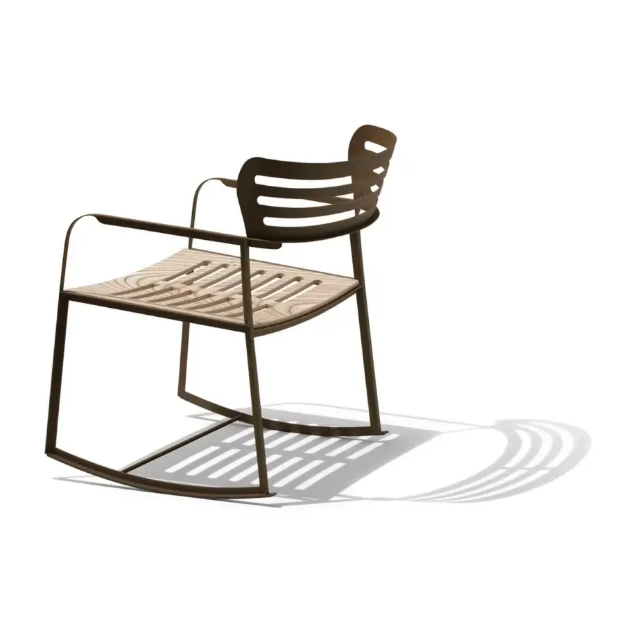 Distinguished Giorgetti Gea rocking lounge chair with a geometric carob stainless steel frame and contoured birch seat