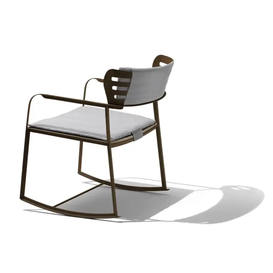 Exceptional Giorgetti Gea rocking lounge chair crafted with a geometric carob stainless steel frame and light gray woven birch wood seat