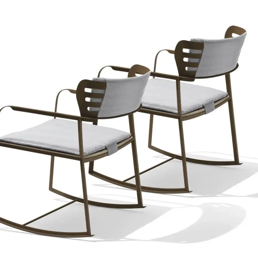 Distinguished Giorgetti Gea rocking lounge chair with contoured pale gray birch and carob finished stainless steel frame