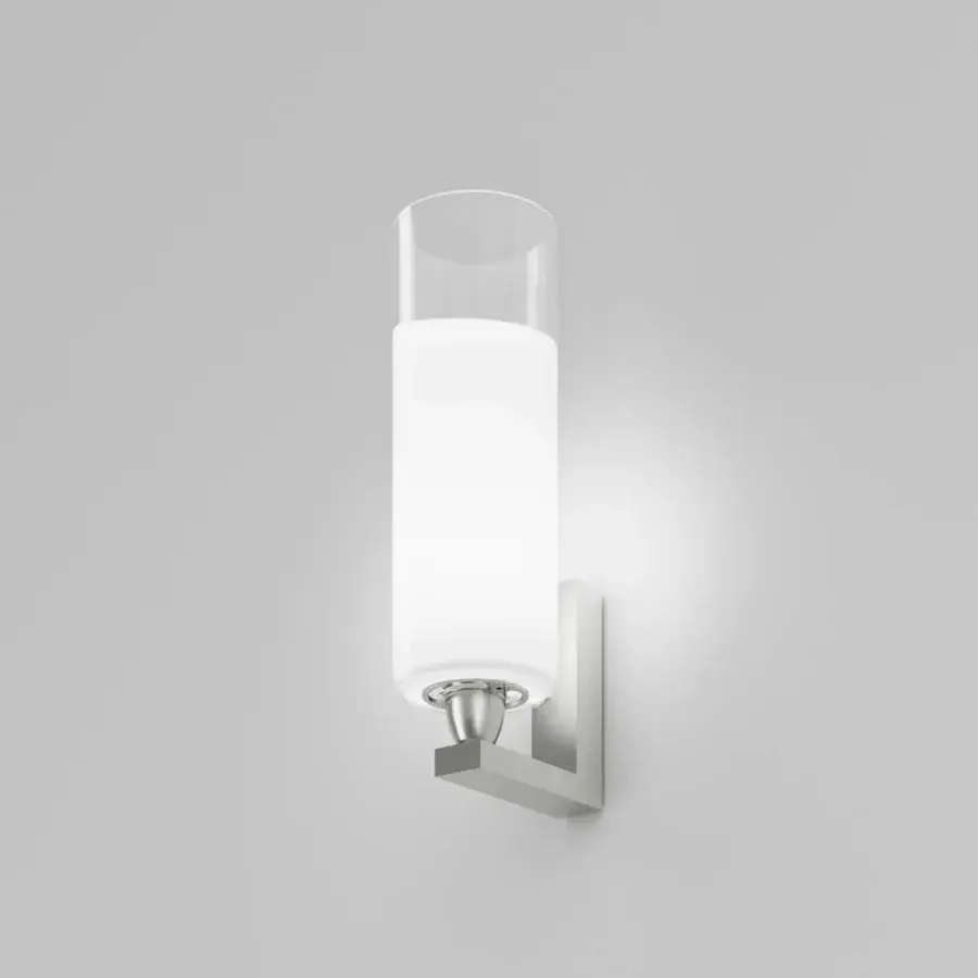 Distinguished Vistosi Lio wall lamp crafted in clear crystal with a white translucent band and brushed satin metal base