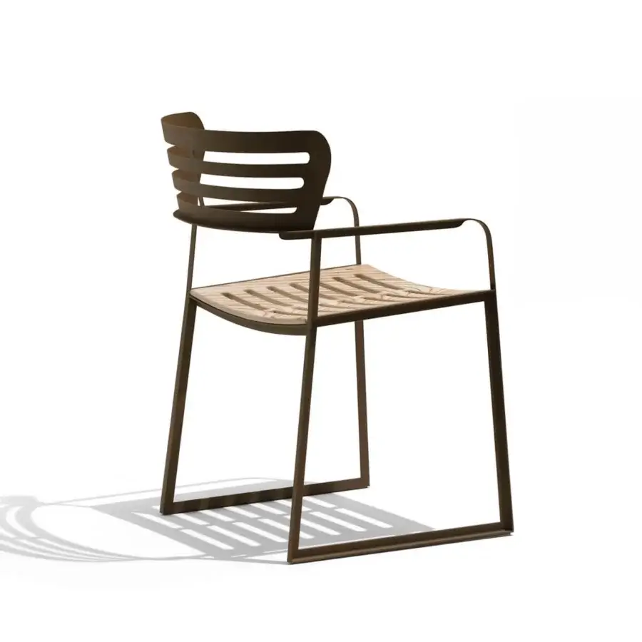Superior Giorgetti Gea armchair with a geometric stainless steel frame in carob finish and contoured birch seat