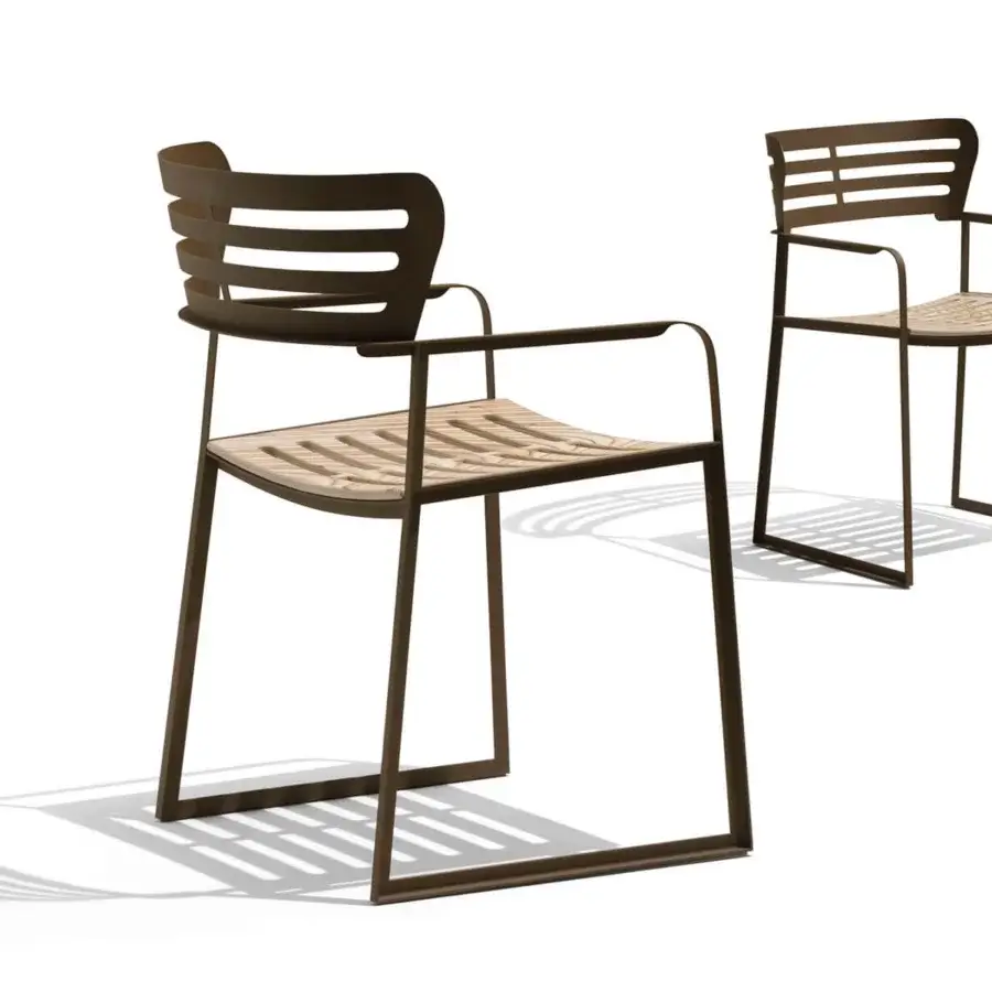Elegant Giorgetti Gea armchair with a geometric stainless steel frame in carob and contoured birch slats crafted for outdoor spaces