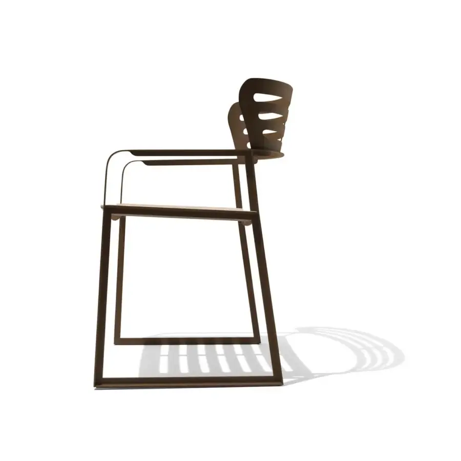 Distinguished Giorgetti Gea armchair with a striking geometric stainless steel frame in a warm carob finish for outdoor spaces