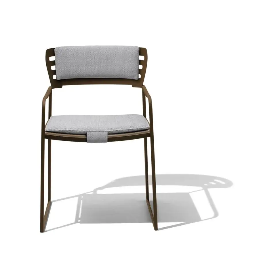 Exceptional Giorgetti Gea armchair with a geometric stainless steel frame in carob finish and light gray textile upholstery
