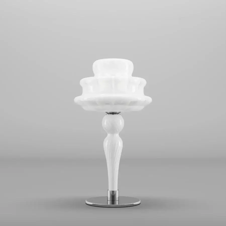 Exceptional Vistosi Novecento table lamp crafted with sculpted glass and polished silver-toned metal in a white rigadin finish