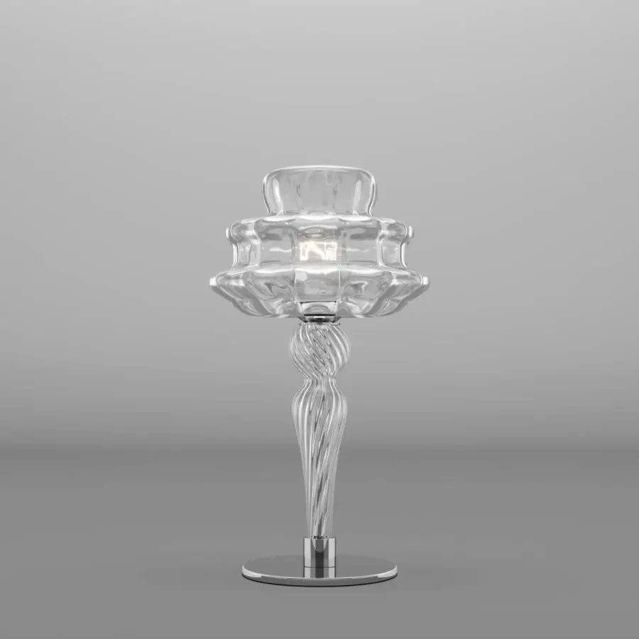 Superior Vistosi Novecento table lamp crafted with translucent glass and polished metal exhibiting a rigadin finish