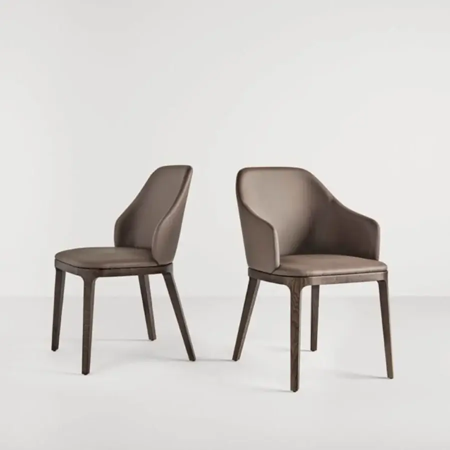 Superior Frag Doa dining chair with muted taupe leather upholstery and refined exposed ash wood frame
