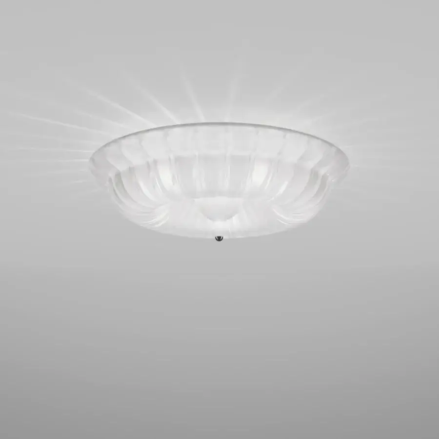 Exceptional Vistosi Novecento ceiling lamp crafted in milky white glass with a signature rigadin finish