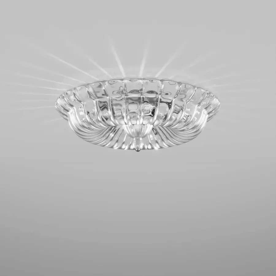 Superior Vistosi Novecento ceiling lamp crafted from transparent glass with a signature rigadin finish radiating subtle light