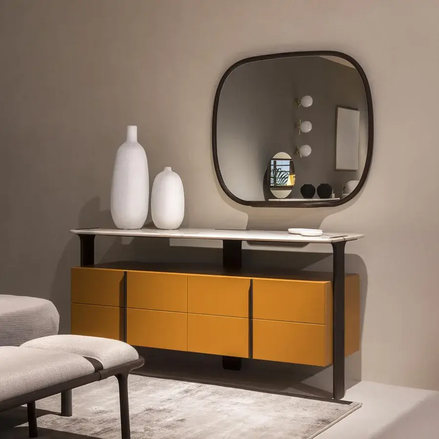 Elegant Carpanese Home Trio D dresser with warm yellow-orange lacquered drawer fronts and charcoal solid ash wood legs