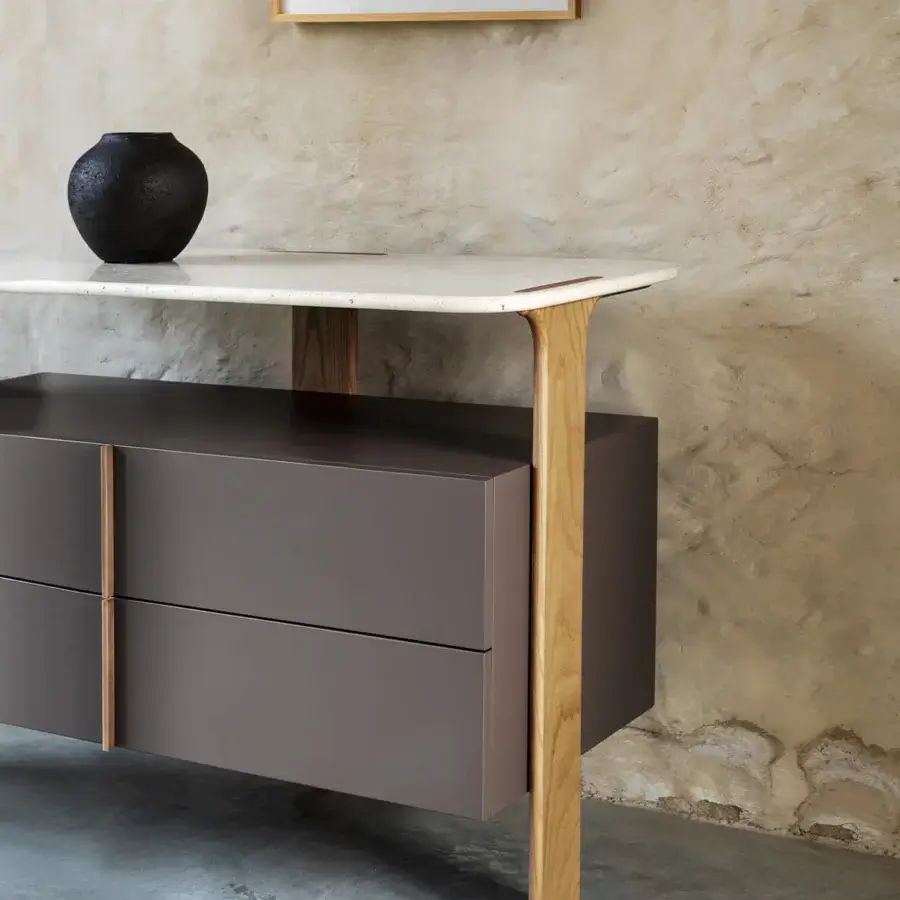 Superior Carpanese Home Trio D dresser with muted gray lacquered body and warm solid ash wood legs crafted with a luxurious marble tabletop