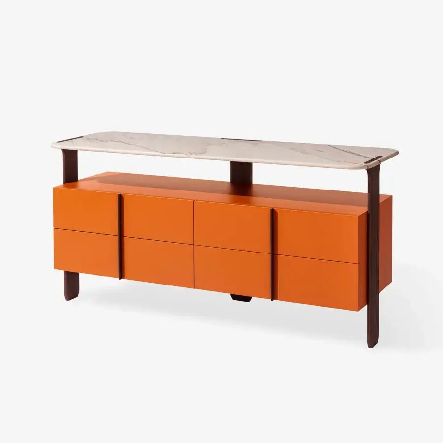 Captivating Carpanese Home Trio D dresser with glossy orange lacquered body and polished beige marble top crafted with solid ash wood legs