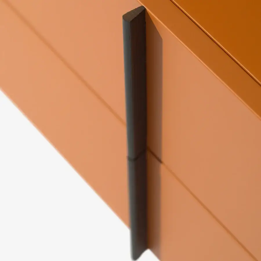 Distinguished Carpanese Home Trio D dresser with warm muted orange lacquered body and sleek solid ash wood handles in satin finish