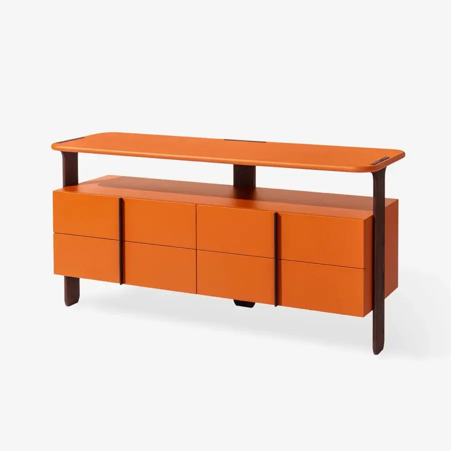 Superior Carpanese Home Trio D dresser with glossy orange lacquer and solid ash wood legs