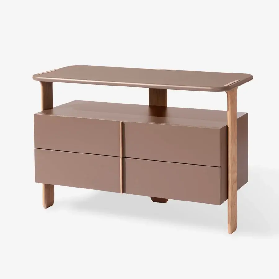 Elegant Carpanese Home Trio D dresser with terracotta lacquer and solid ash wood legs built with a smooth matte finish
