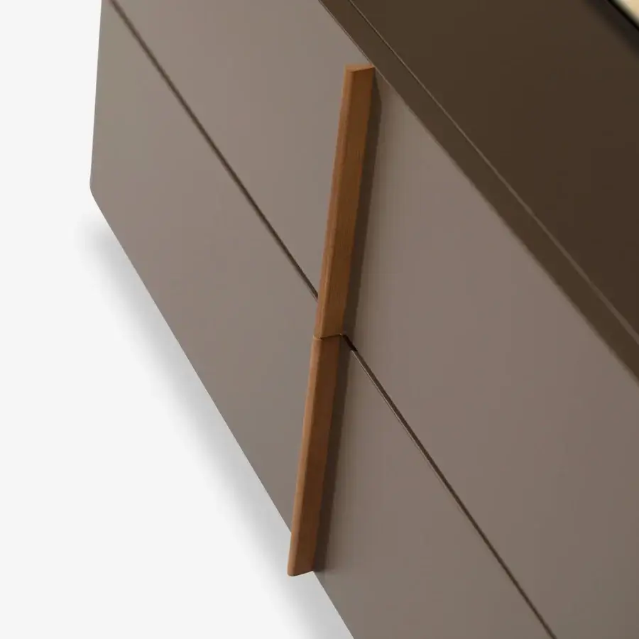 Distinguished Carpanese Home Trio D dresser with muted brown lacquer and solid ash wood legs and handles