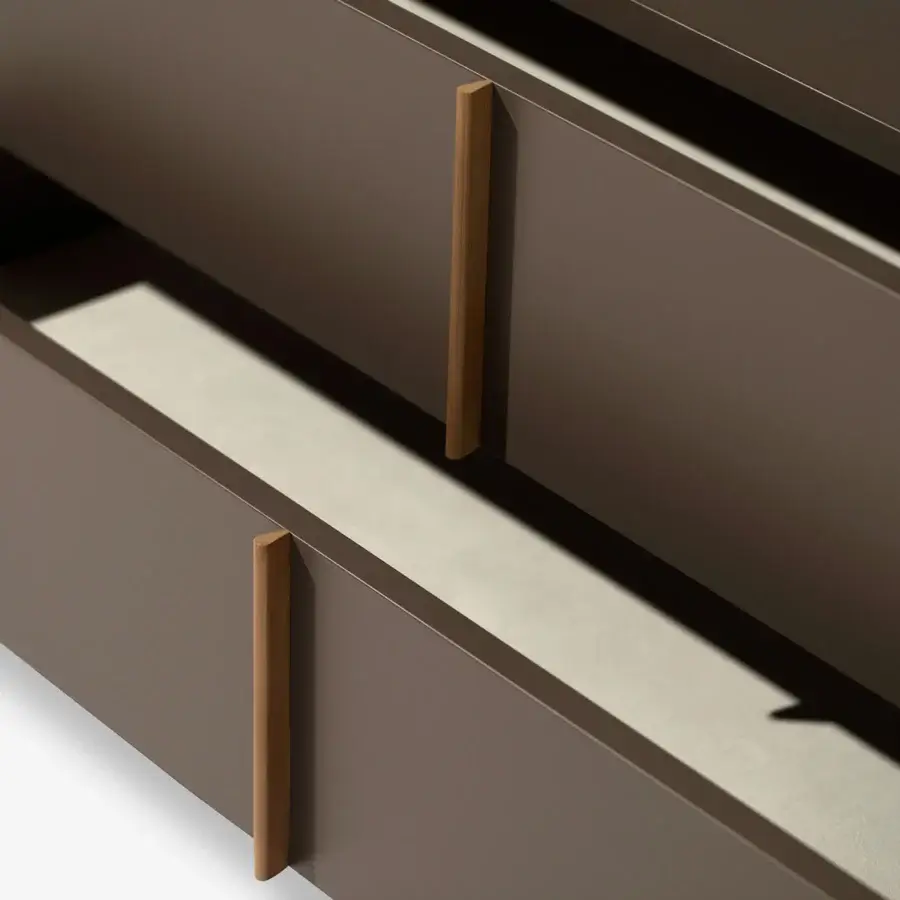 Superior Carpanese Home Trio D dresser in dark brown lacquer with minimal solid ash wood legs and flush fronts