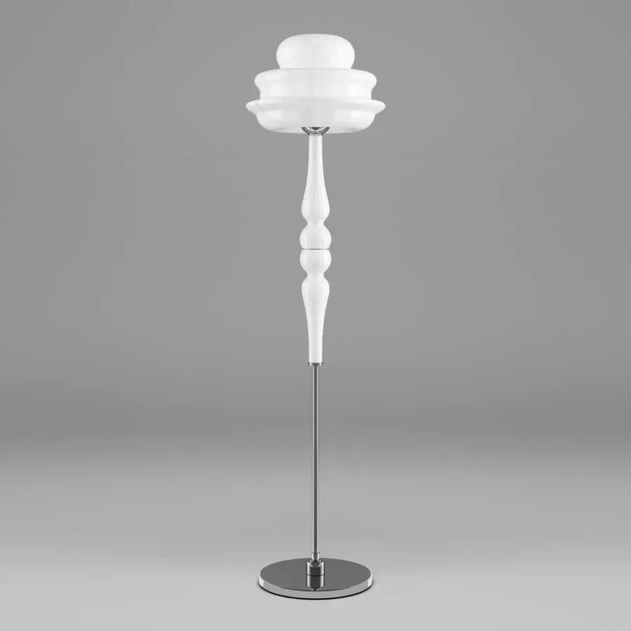 Exceptional Vistosi Novecento floor lamp crafted in white synthetic material with rigadin glass and stacked ring details
