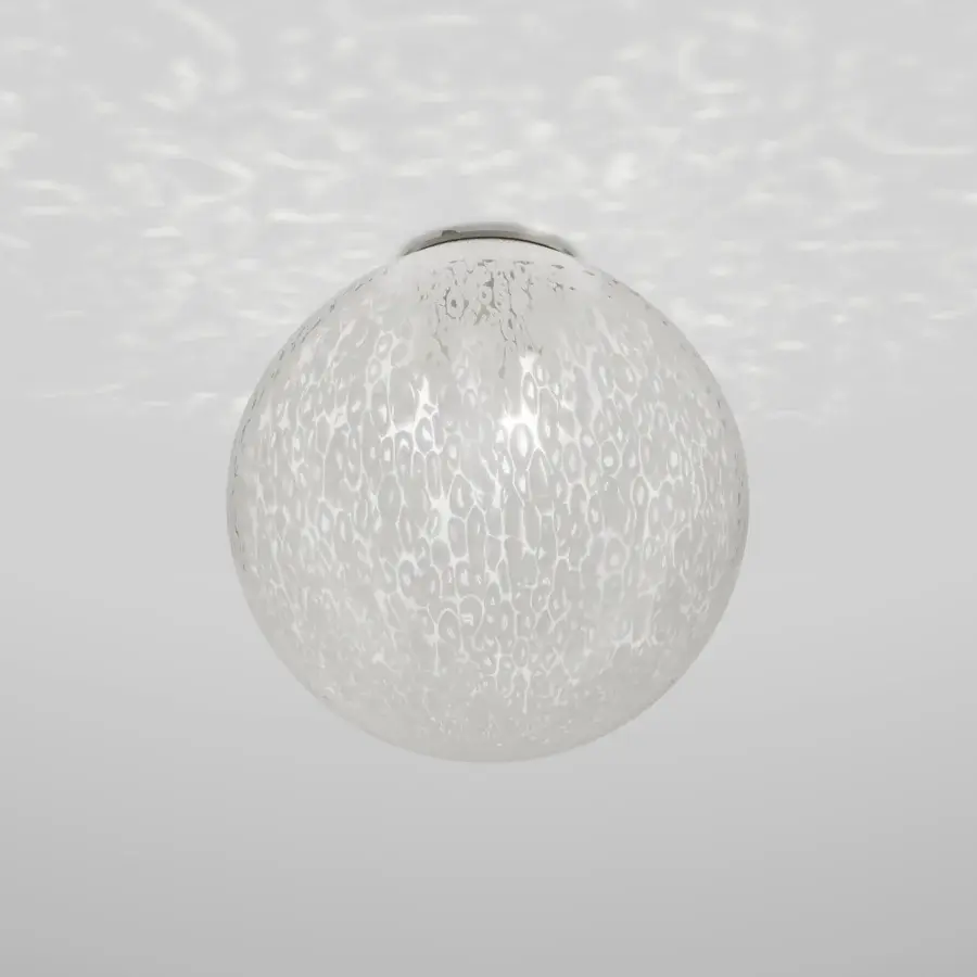 Superior Vistosi Rina ceiling lamp crafted in pale white glass with a heavily textured, speckled surface and polished metallic mounting