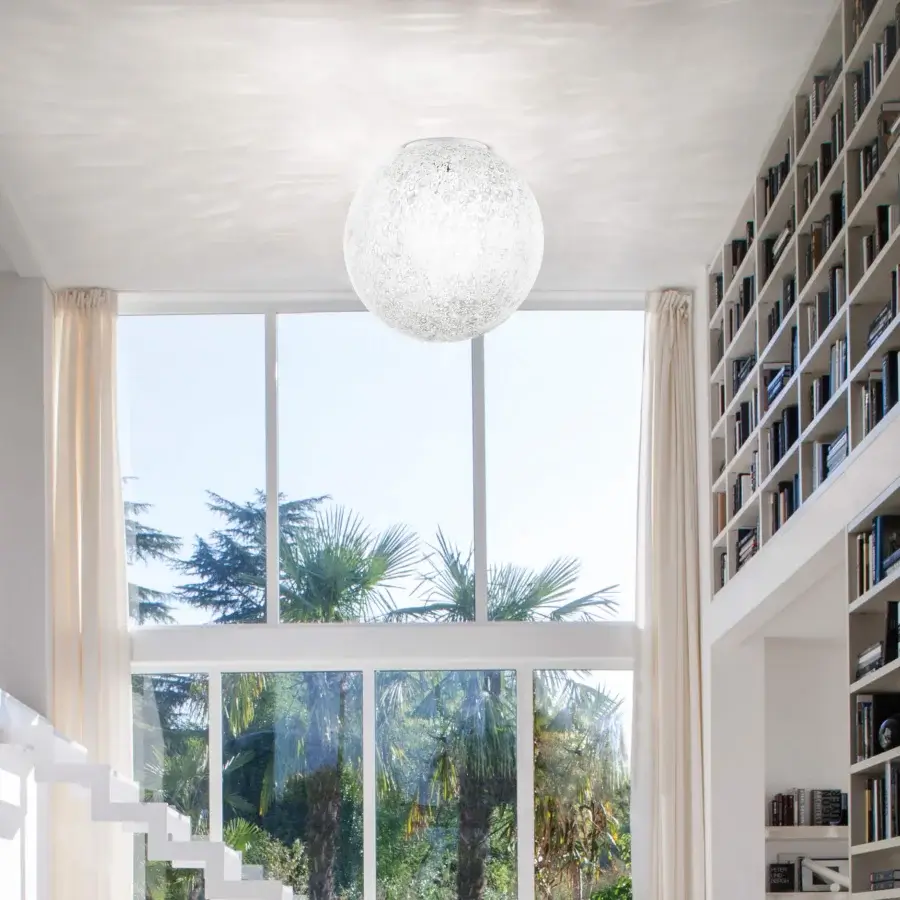 Elegant Vistosi Rina ceiling lamp crafted in matte white glass with a delicate, airy, speckled texture