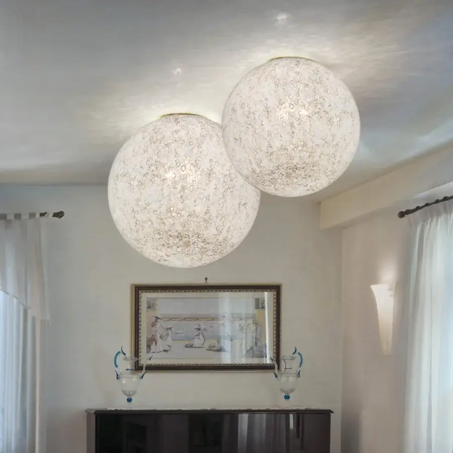 Distinguished Vistosi Rina ceiling lamp crafted in creamy white glass with a subtly mottled texture evoking airy lightness