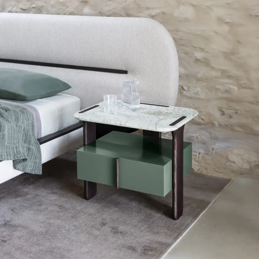Distinguished Carpanese Home Trio N nightstand with muted green lacquered body and polished marble top built in solid ash wood