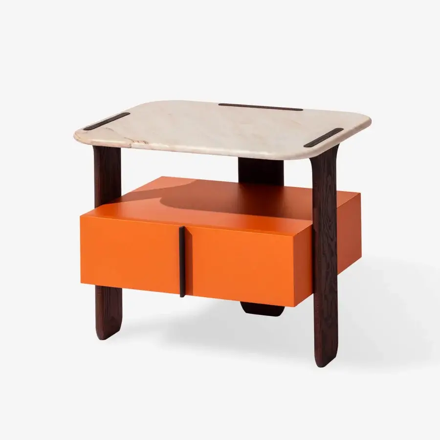 Distinguished Carpanese Home Trio N nightstand with bold orange lacquered drawer fronts and solid ash wood legs in lacquered finish