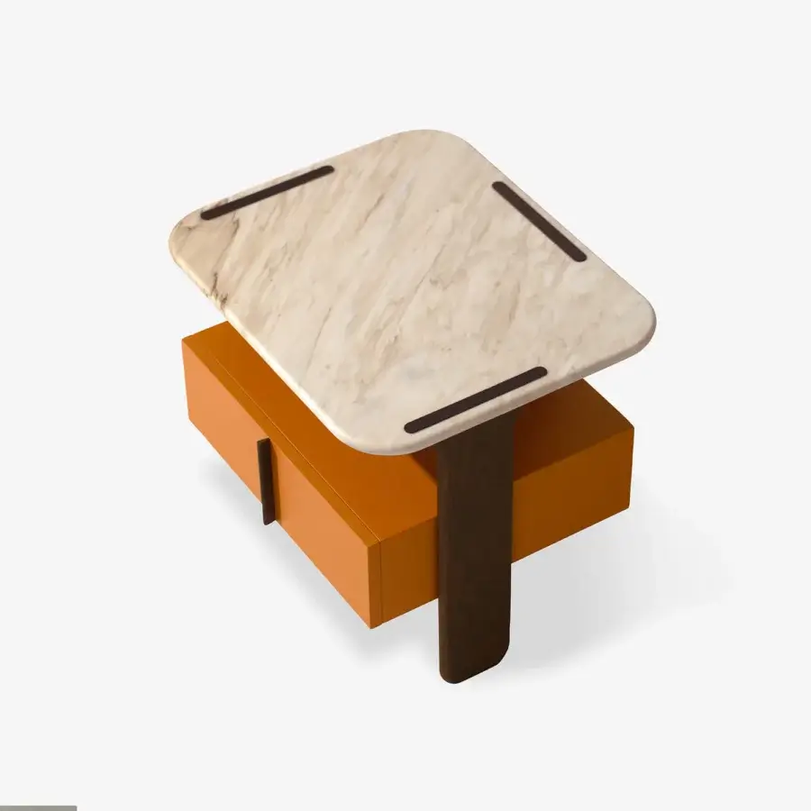 Superior Carpanese Home Trio N nightstand in warm orange-brown lacquer with light beige and gray marble tabletop and satin wood finish
