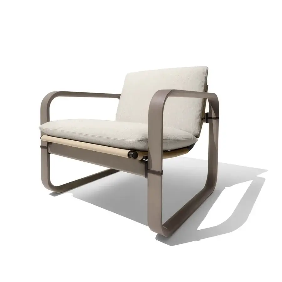 Captivating Giorgetti Loop lounge chair with light beige Eva rubber upholstery, grey water-polished ash wood and carob aluminum details