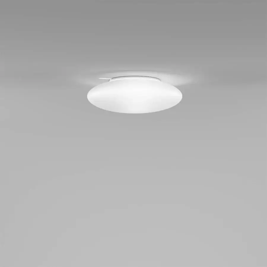 Exceptional Vistosi Saba ceiling lamp crafted in satin-finish blown glass with a minimalist white silhouette
