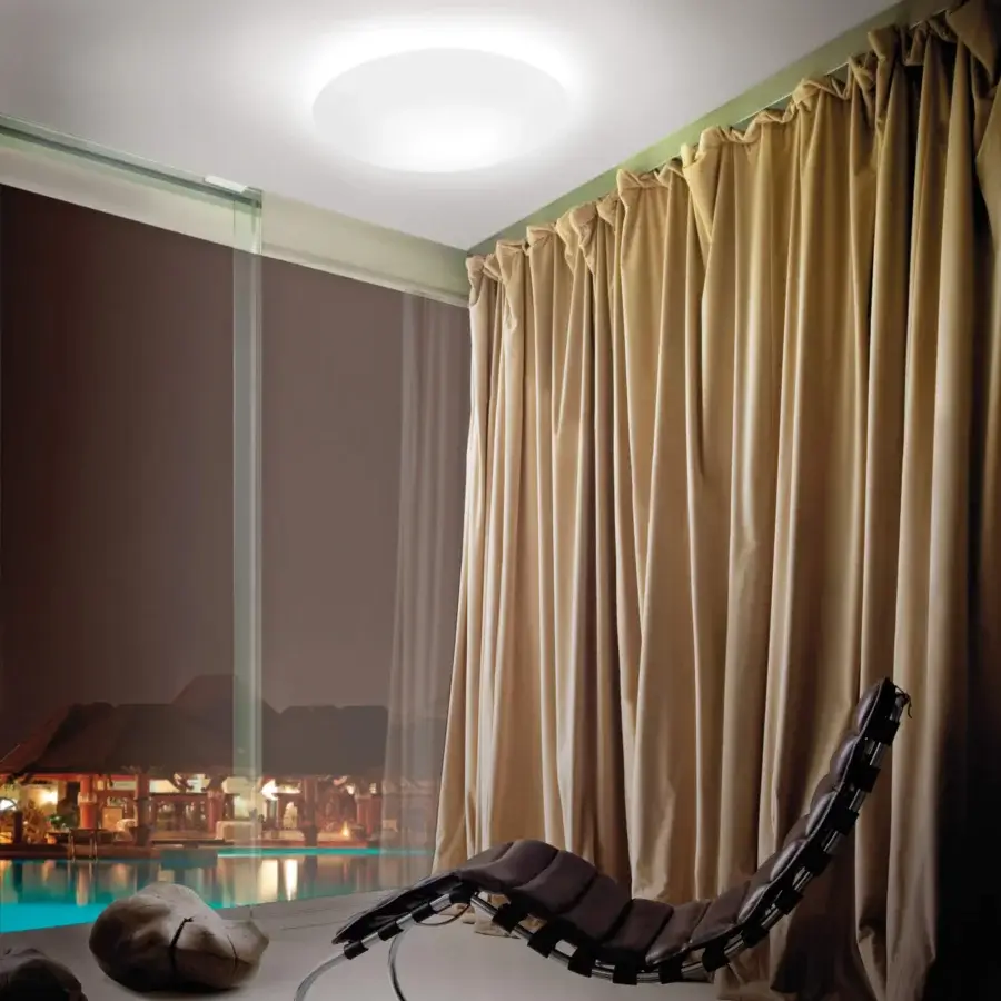 Exceptional Vistosi Saba ceiling lamp crafted in satin-finish blown glass with a clean, white diffuser