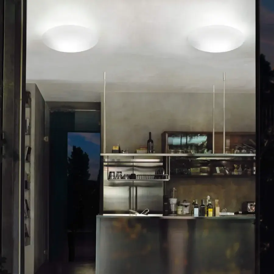 Superior Vistosi Saba ceiling lamp crafted in white blown glass with a satin finish for warm illumination