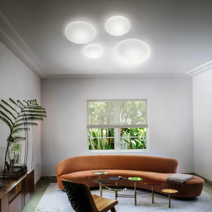 Elegant Vistosi Saba ceiling lamp crafted in satin-finish blown glass emitting a warm diffused white glow