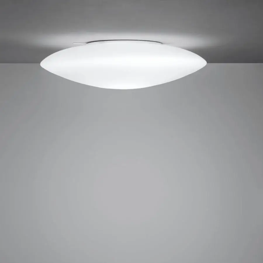 Distinguished Vistosi Saba ceiling lamp crafted in white blown glass with a satin finish providing warm illumination