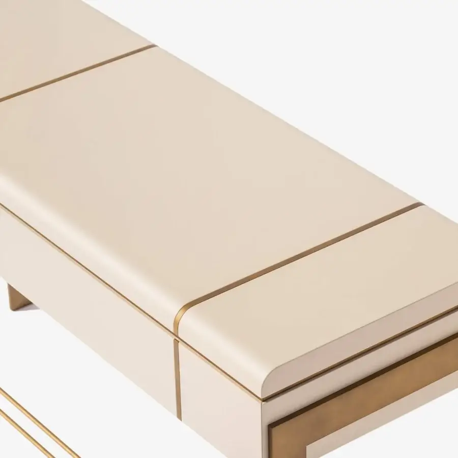 Distinguished Carpanese Home Althea C console crafted in light beige wood with satin sheen and brass metal inlays
