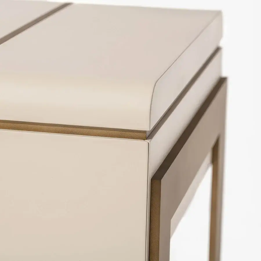 Elegant Carpanese Home Althea C console in lacquered wood with satin brass inlays and econabuk-lined drawers