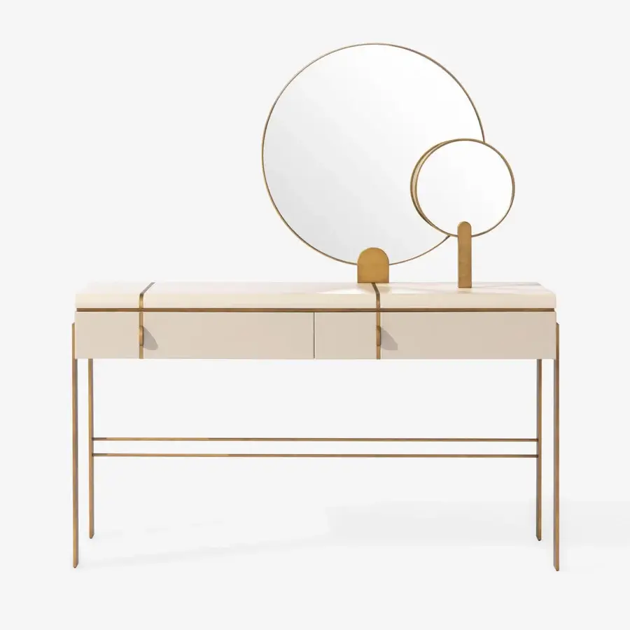 Distinguished Carpanese Home Althea V vanity built with pale beige and galvanic gold metal inlays with satin finish