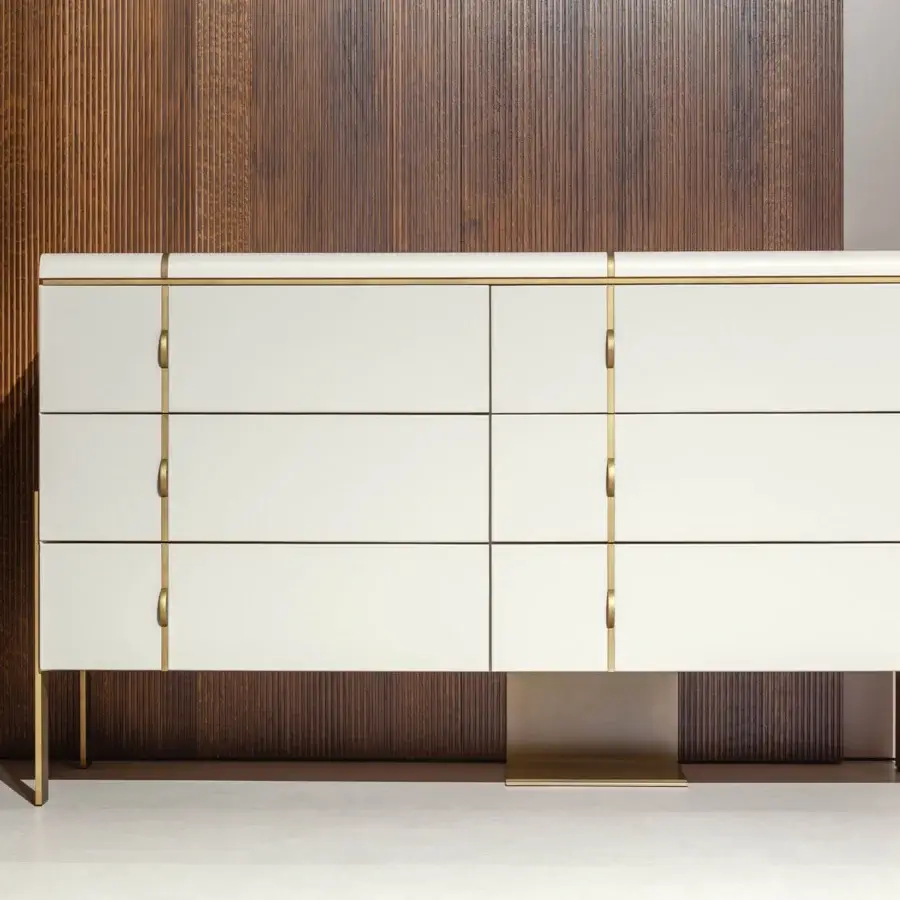 Exceptional Carpanese Home Althea D dresser with satin brass inlay and soft econabuk lined drawers in an off-white finish